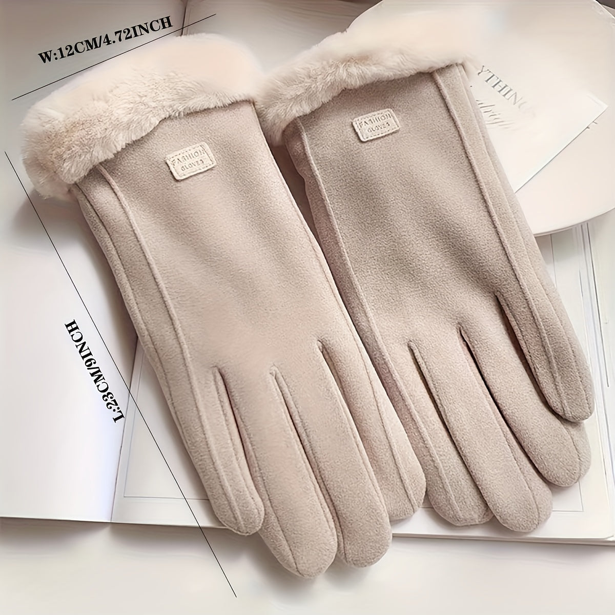 Cozy Beige Touchscreen Gloves for Women - Thick, Warm Plush Lined Winter Gloves with Full Finger Design