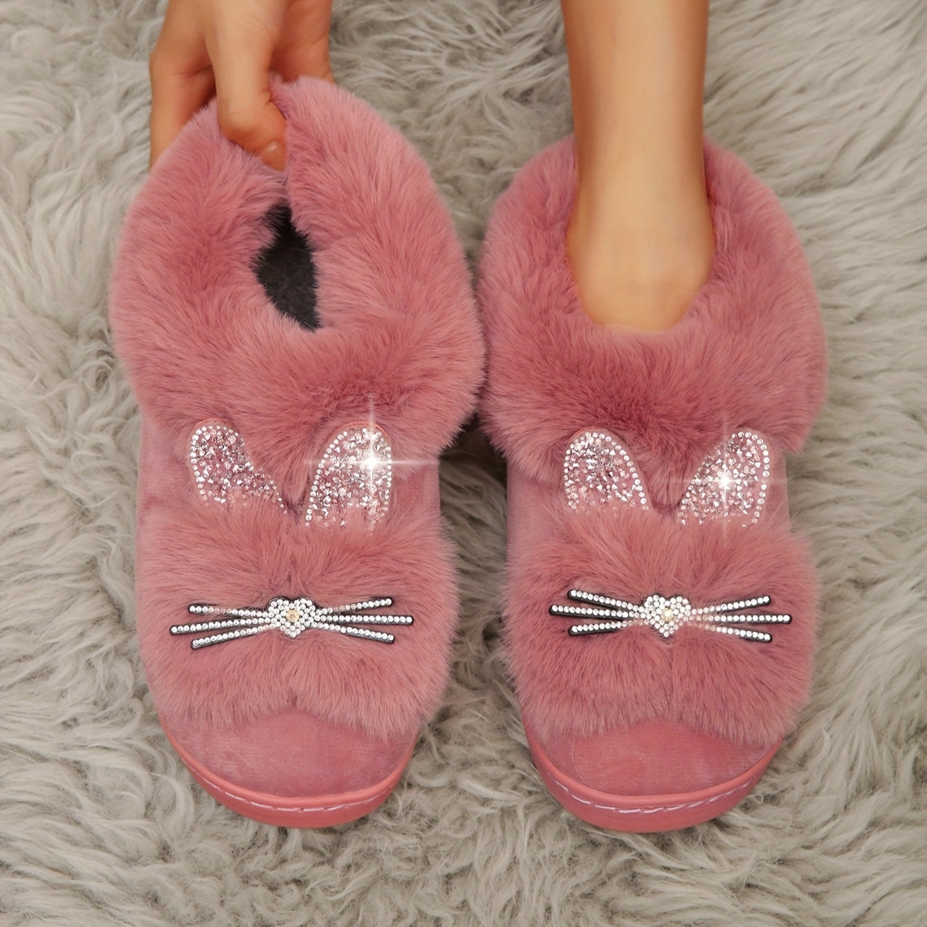 Cute Rhinestone Plush Cat Slippers, Cozy & Warm Fluffy Soft Sole Slip On Shoes, Winter Fuzzy Home Slippers