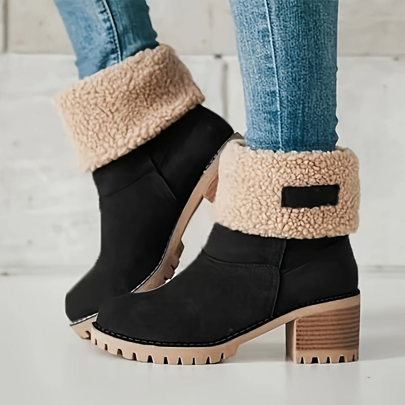 Women&#39;s Solid Color Chunky Heel Boots, Casual Slip On Plush Lined Boots, Comfortable Winter Ankle Boots