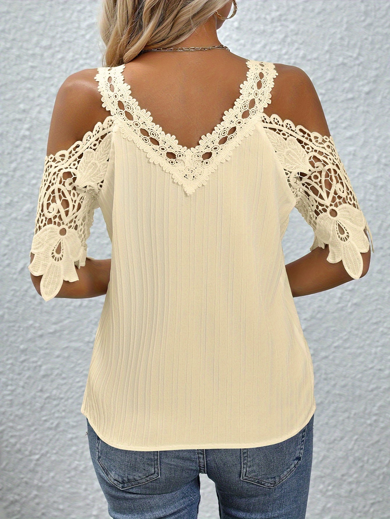 Contrast Lace Cold Shoulder Blouse, Elegant V Neck Solid Short Sleeve Blouse, Women's Clothing