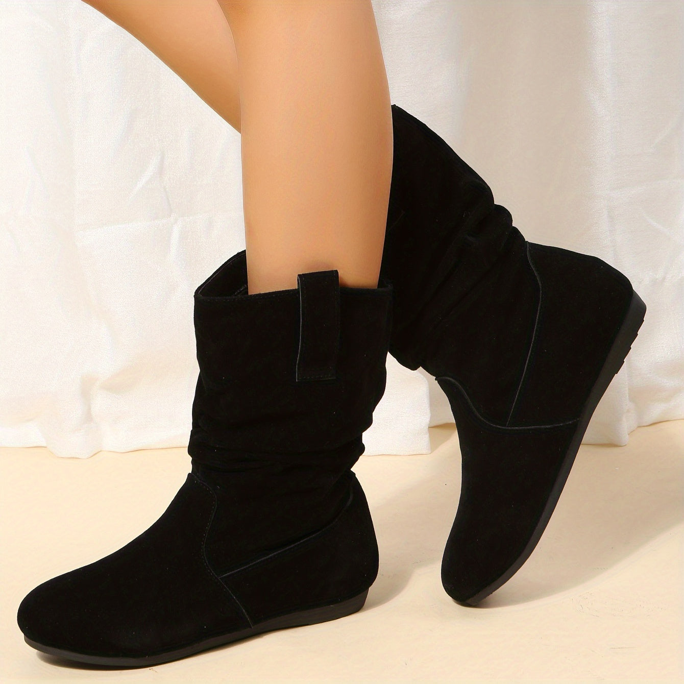 Women's Slouchy Mid Calf Boots, Comfy V-cut Pull On Plush Lined Warm Flat Shoes, Winter Thermal Boots