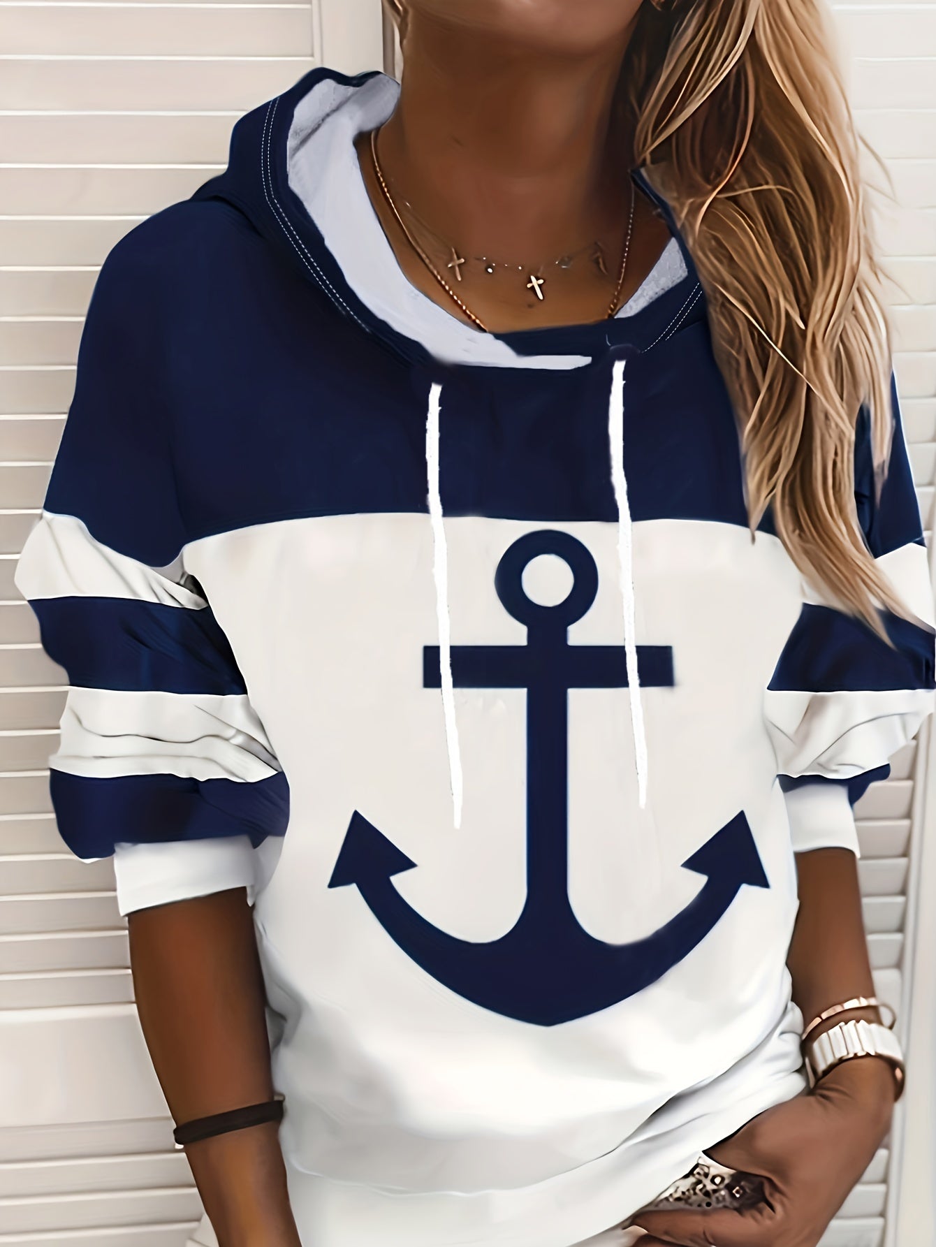 Anchor Print Drawstring Hoodies, Casual Color Block Long Sleeve Sweatshirt, Women's Clothing