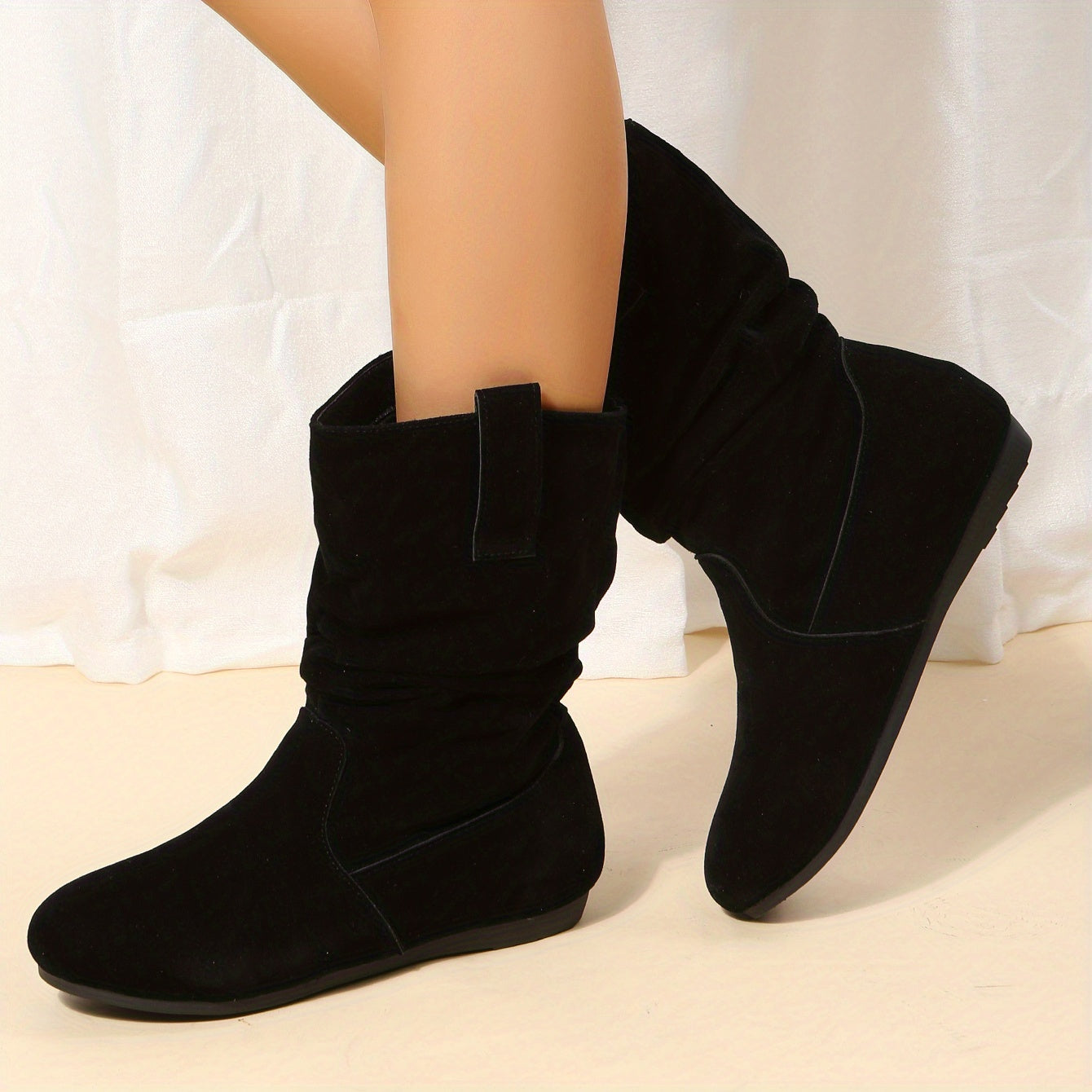 Women's Slouchy Mid Calf Boots, Comfy V-cut Pull On Plush Lined Warm Flat Shoes, Winter Thermal Boots