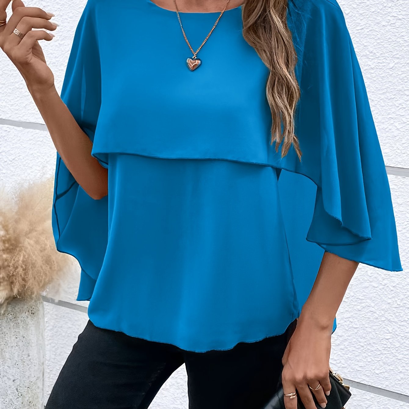 Solid Layered Cloak Sleeve Blouse, Versatile Crew Neck Blouse For Spring & Fall, Women's Clothing