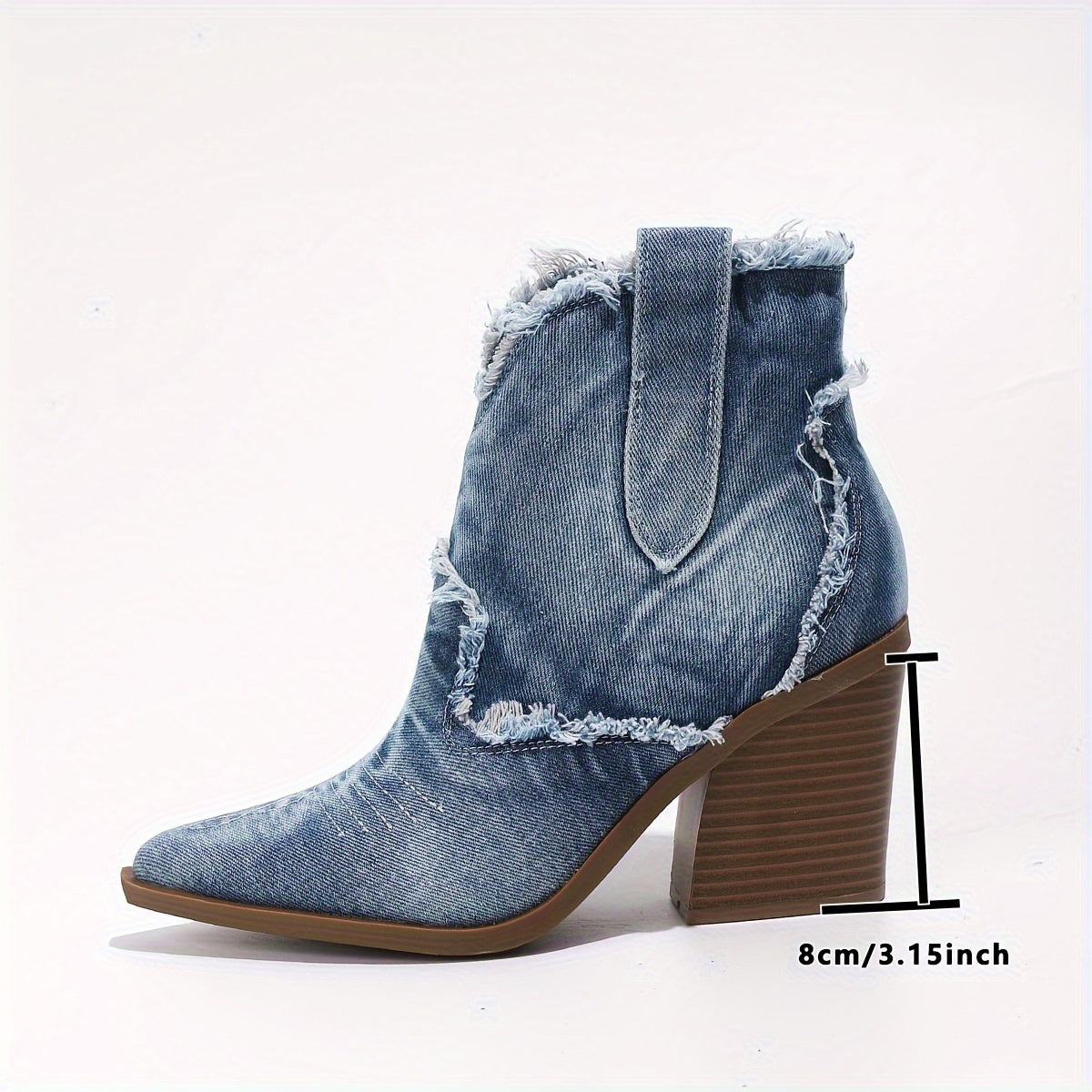 Chunky Heeled Women's Denim Cowboy Boots, Raw Trim Pointed Toe Side Zipper Retro Ankle Booties