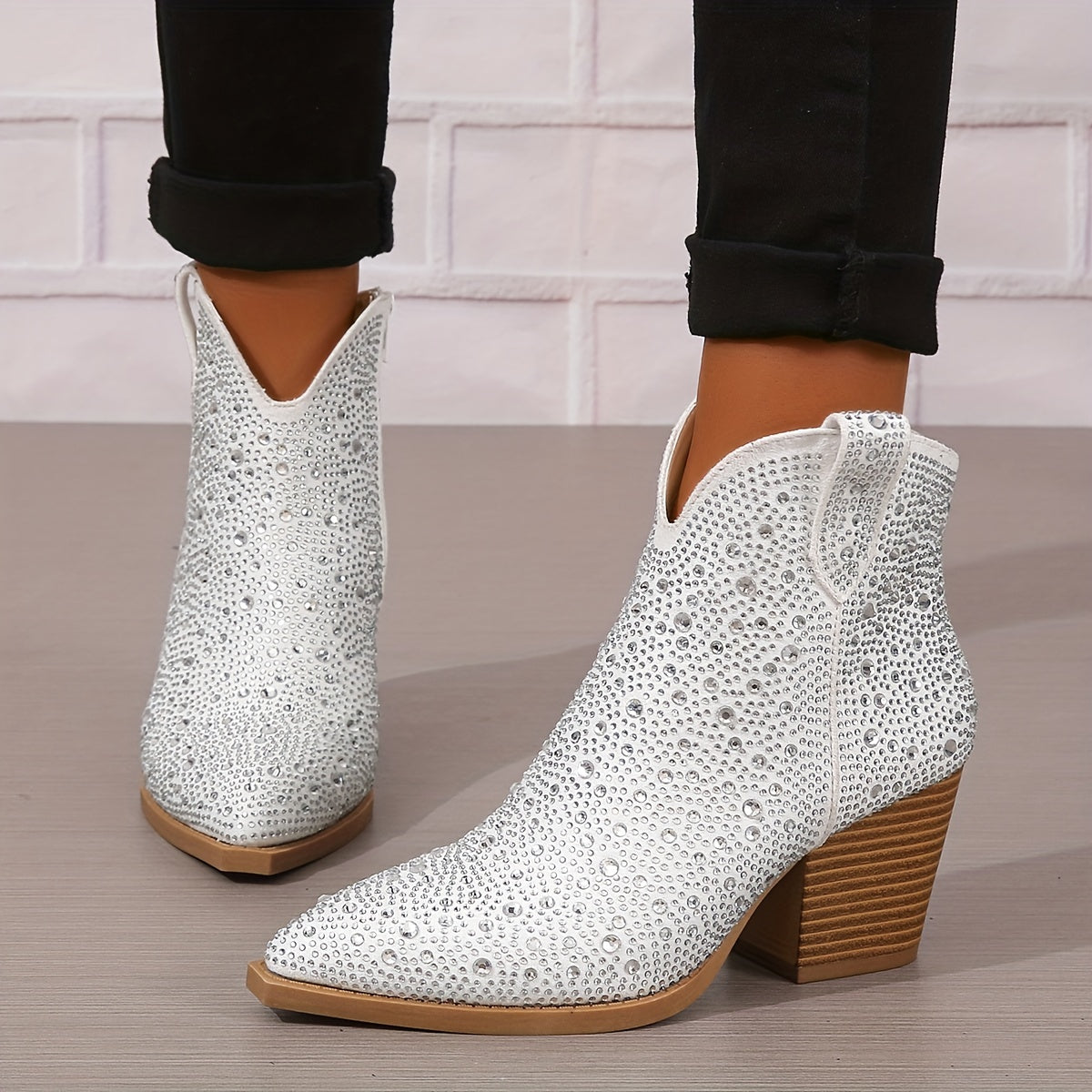 Sparkling Rhinestone Ankle Boots - Chic Pointed Toe, Chunky Heeled Cowboy Style - Fashion-Forward V-cut, Pull-On for Music Festival Glam