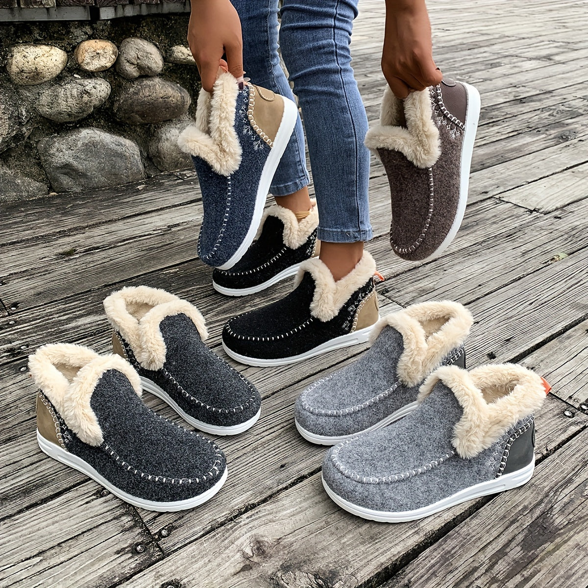 Women's Cozy Flannel Ankle Booties - Faux Fur Trim, Slip-on, Flat Heel, TPR Sole, Special Edition