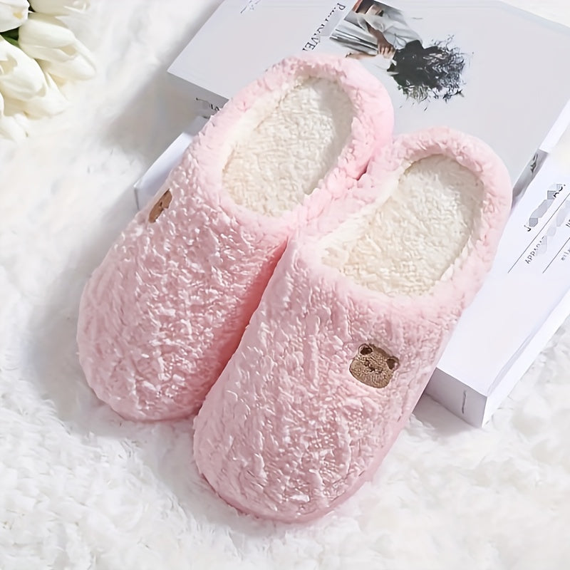 Cute Bear Pattern Plush Winter Slippers, Cozy & Warm Slip On Flat Fuzzy Shoes, Comfortable Home Bedroom Slippers