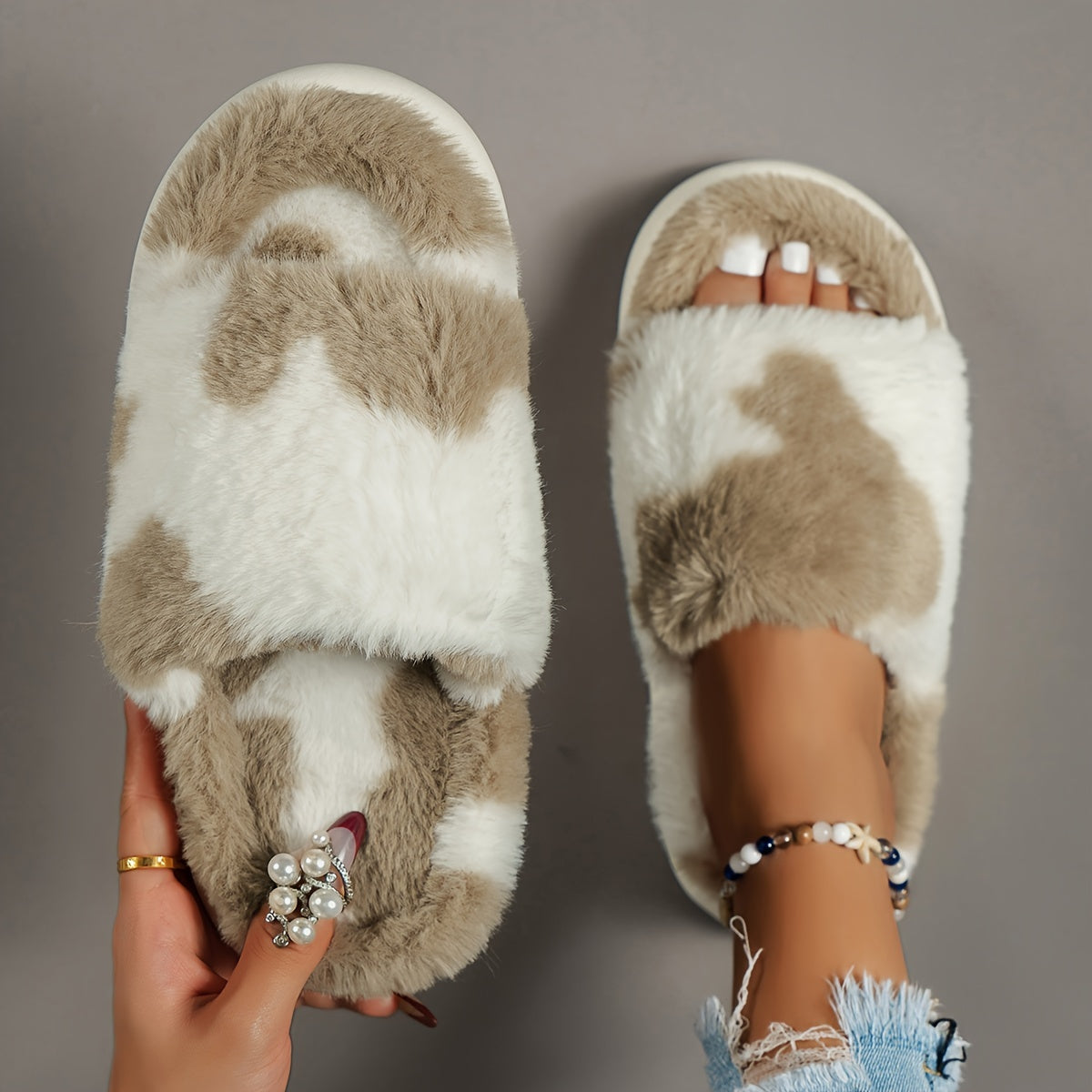 Cozy Fluffy Furry House Slippers, Single Band Open Toe Platform Fuzzy Shoes, Comfy Warm Home Slippers