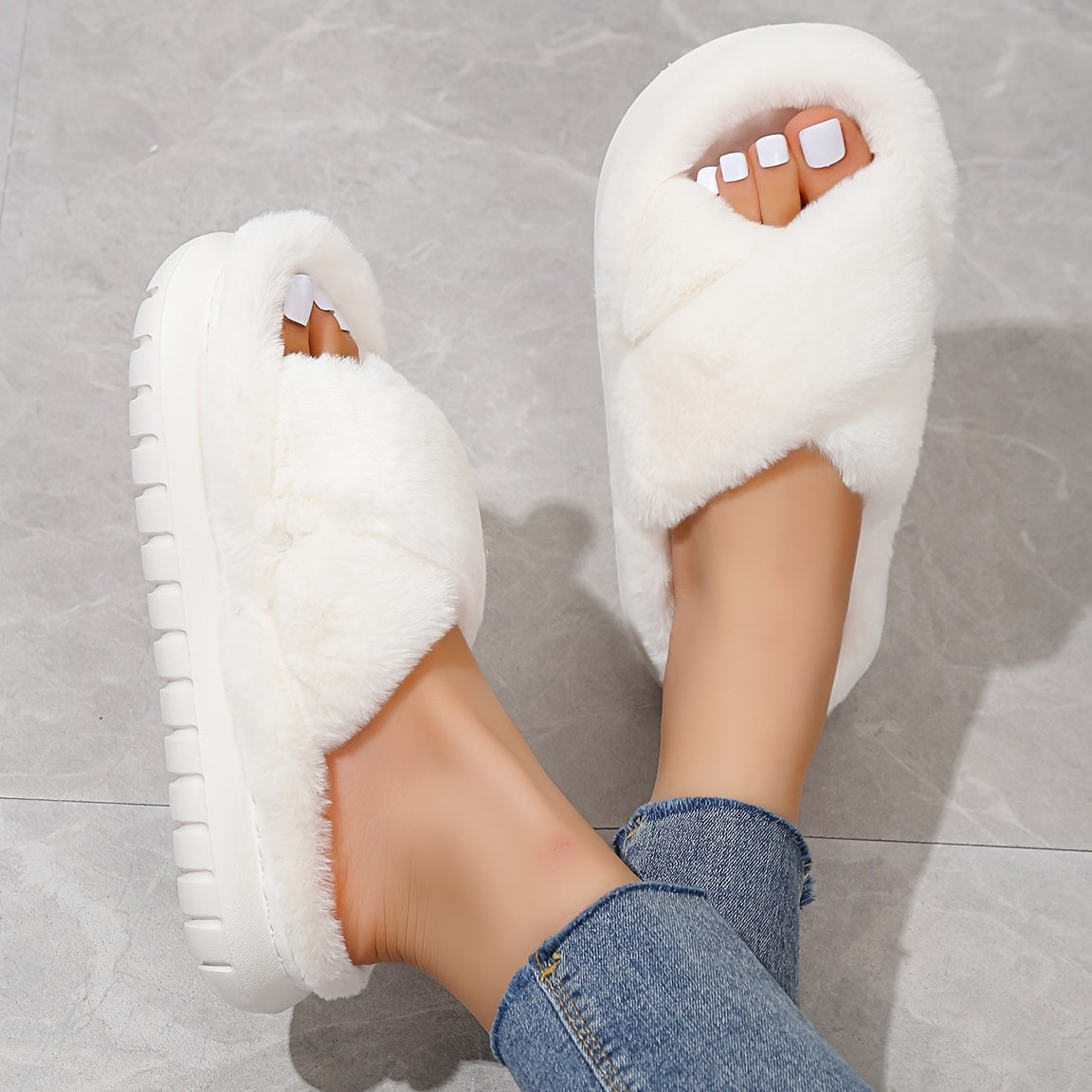 Women's Platform Fuzzy House Slippers, Open Toe Criss Cross Solid Color Casual Home Slides, Women's Indoor Flat Comfy Shoes