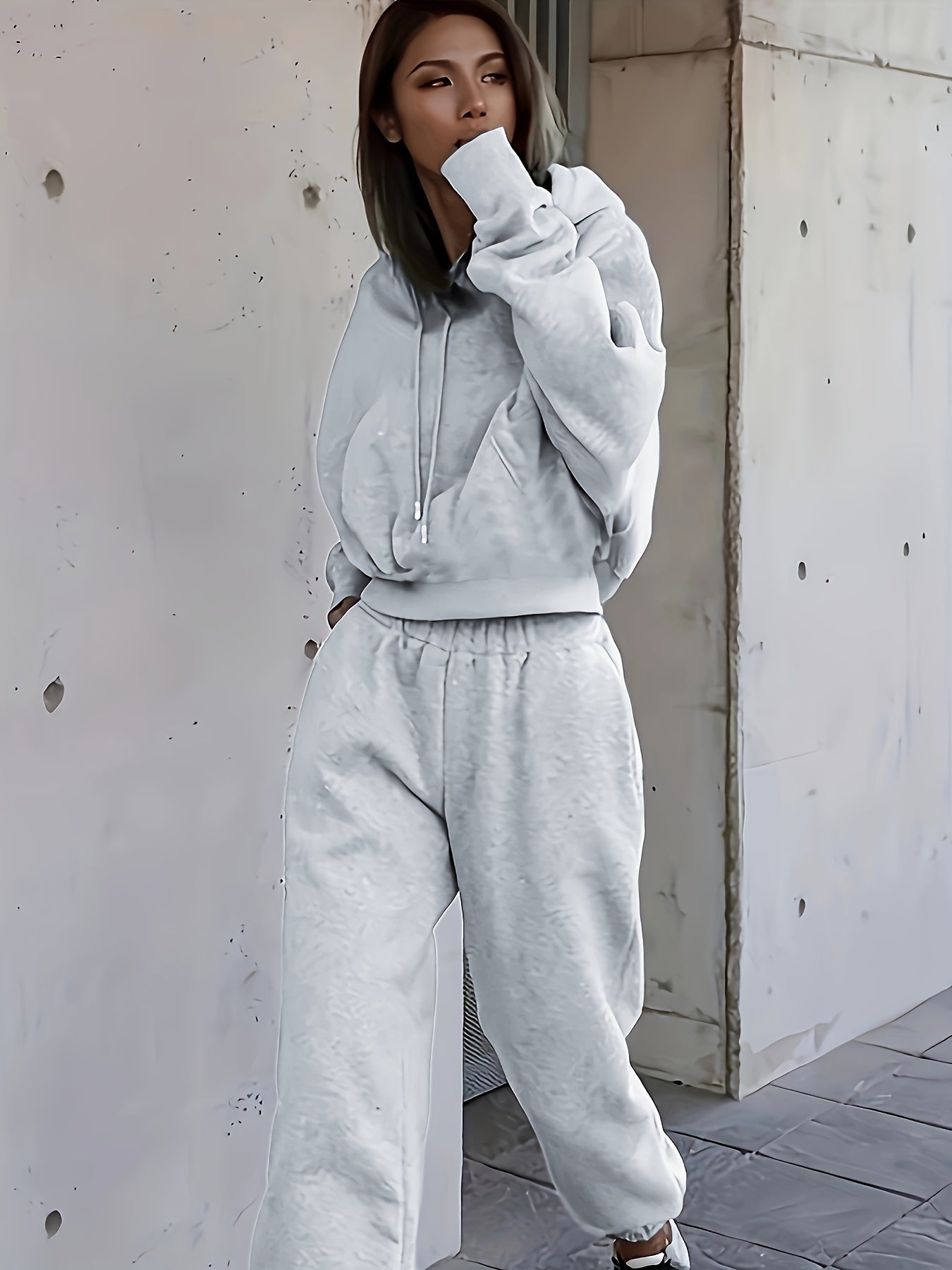 2pcs Oversized Athleisure Set, Solid Hooded Pocket Drawstring Sweatshirts & Sweatpants Sets for Women