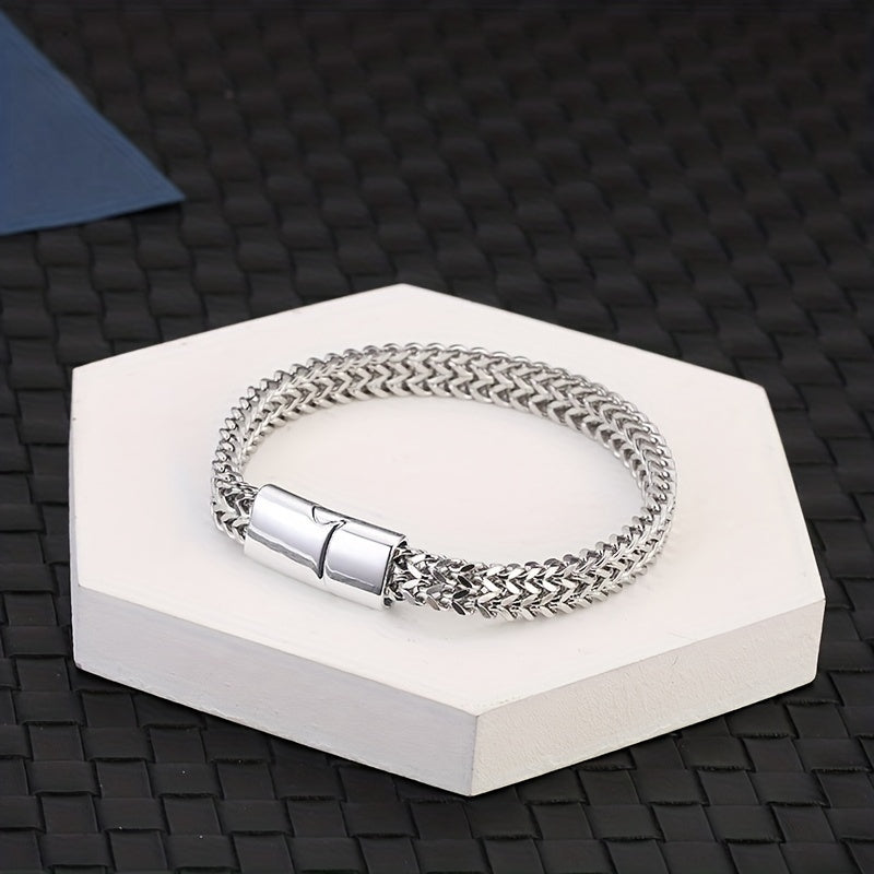 Men's Stainless Steel Braided Bracelet with Magnetic Clasp - Casual Style, No Plating