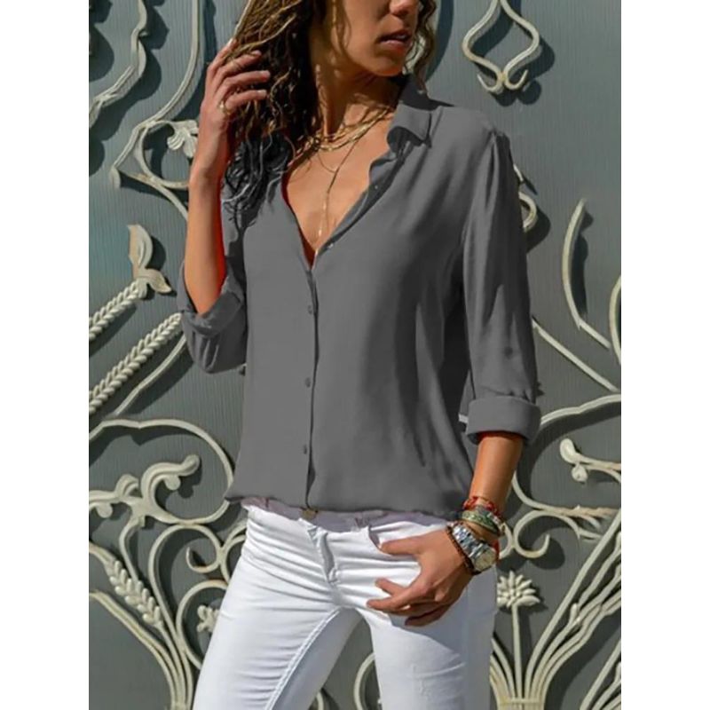 Women's Elegant Long Sleeve V Neck Loose Shirts