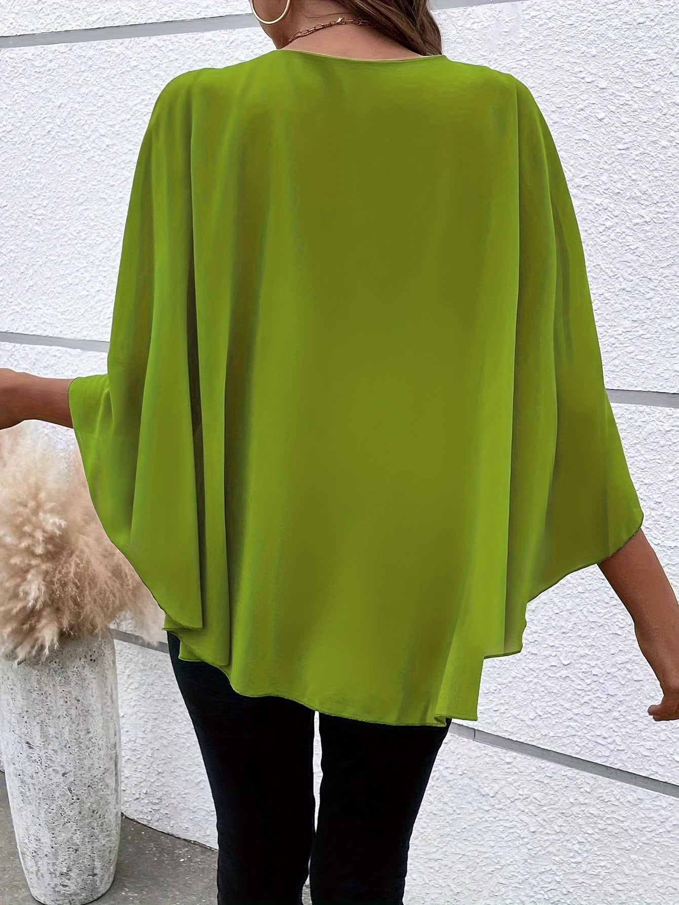 Solid Layered Cloak Sleeve Blouse, Versatile Crew Neck Blouse For Spring & Fall, Women's Clothing