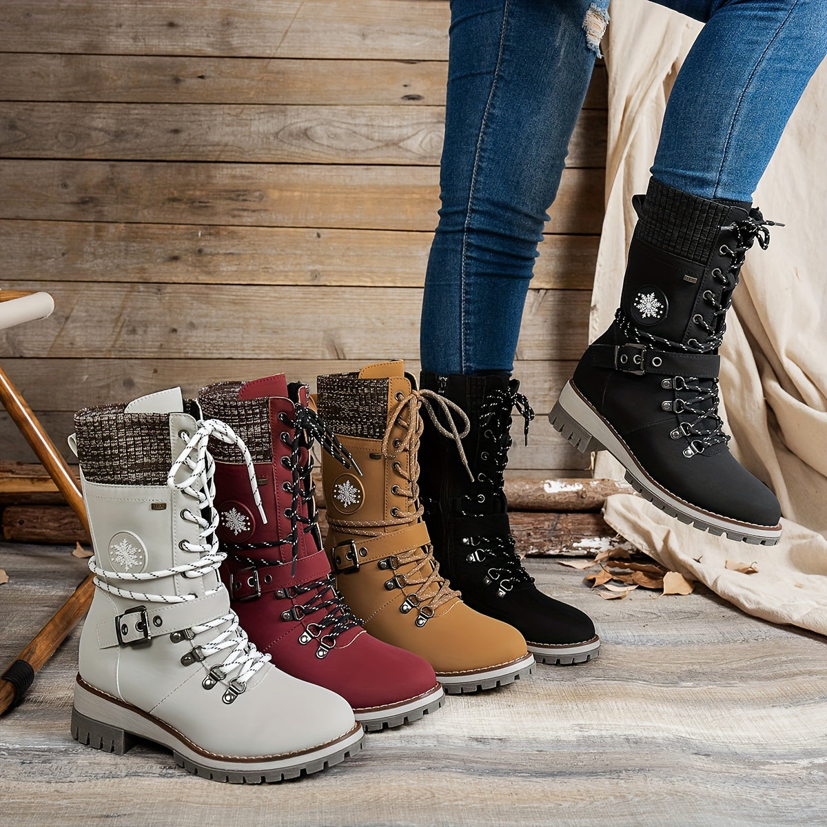 Women’s Solid Color Mid-Calf Winter Boots - Side Zipper, Buckle Belt, Knitted Rim, Non-Slip Sole, and Vintage Style.