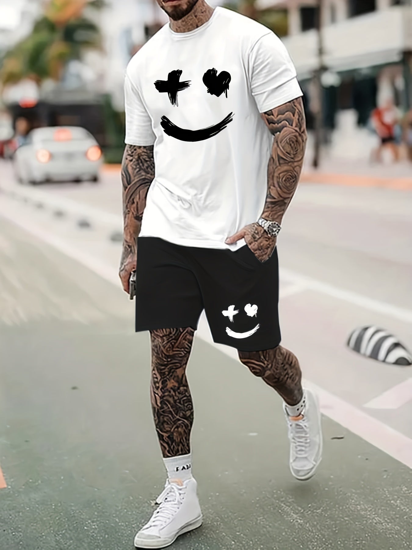 Big Smile Pattern 2Pcs Trendy Outfits for Men, Casual Crew Neck T-shirt & Drawstring Shorts Set for Summer Vacation Workout