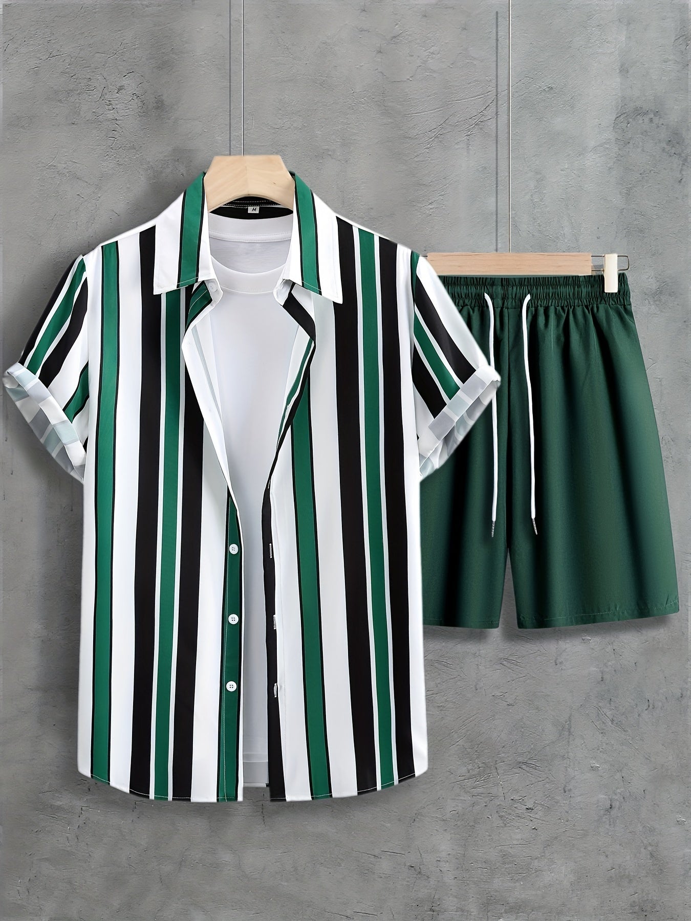 Men's 2Pcs Outfits, Casual Lapel Striped Button-Up Shirt & Drawstring Shorts Set for Summer, Daily Leisure Vacation Resorts