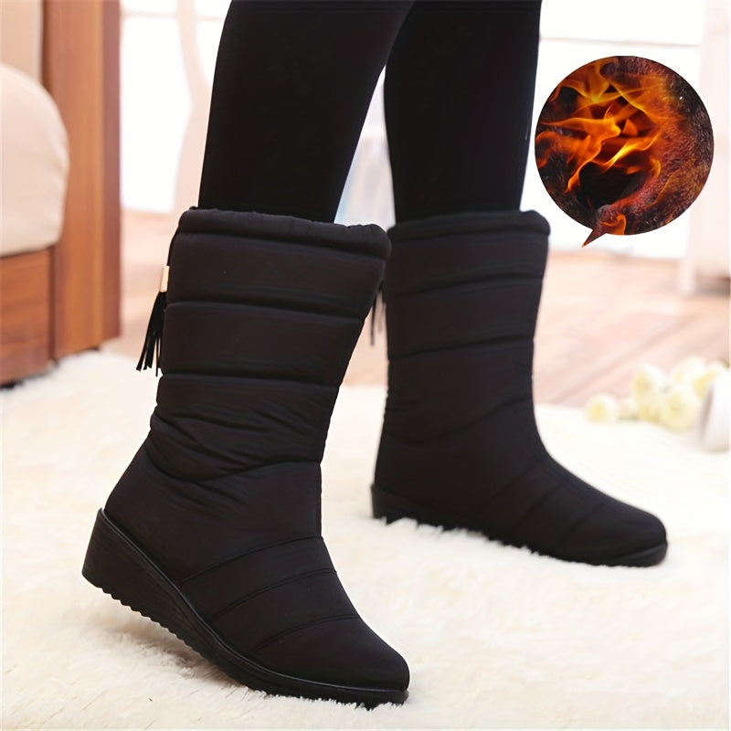 Women's Winter Thermal Waterproof Lightweight Round Comfortable Snow Boots, Tassel Non Slip Mid Calf Boots For Skiing Hiking for Music Festival