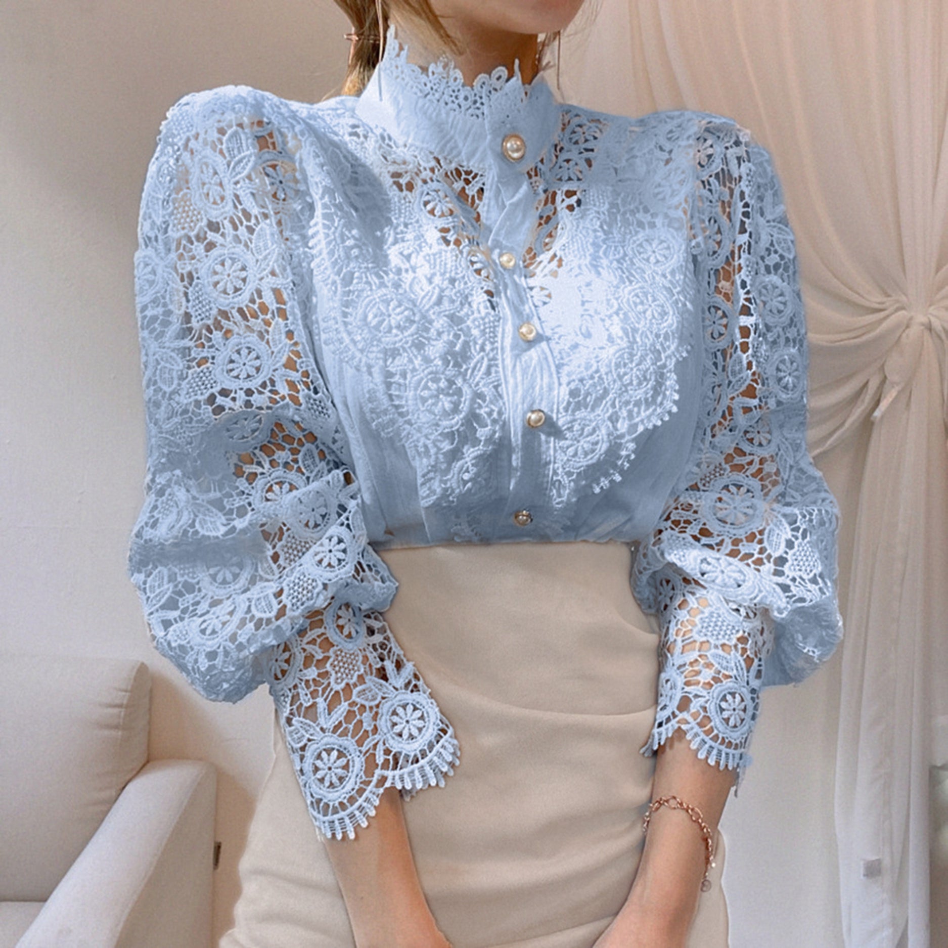 Women's Blouse Lace Puff Sleeve Lantern Sleeve Solid Pleated Women Blouse