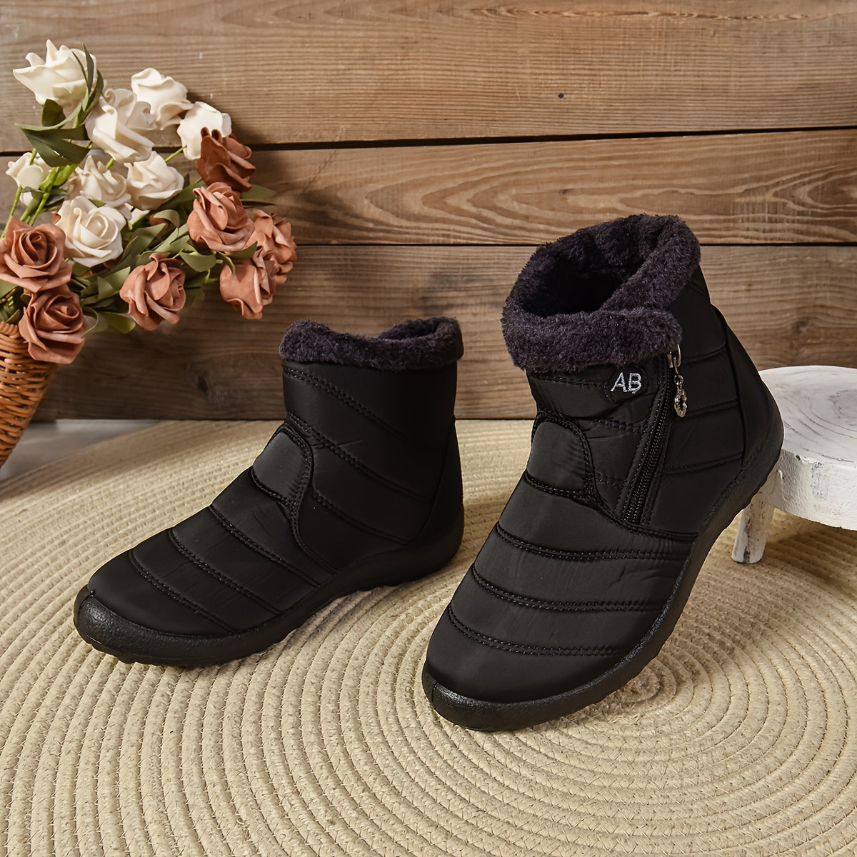 Women's Cozy Fleece-Lined Snow Boots - Casual Side Zipper, Solid Color Ankle Booties for Winter Comfort