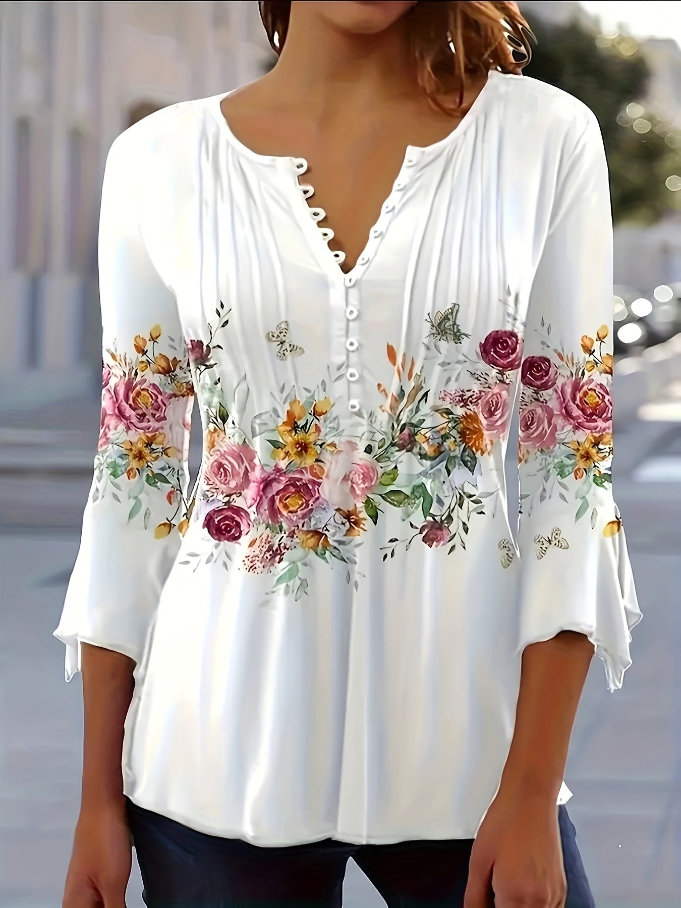 Floral Print Notched Neck Blouse, Casual Button Front Blouse For Spring & Summer, Women's Clothing