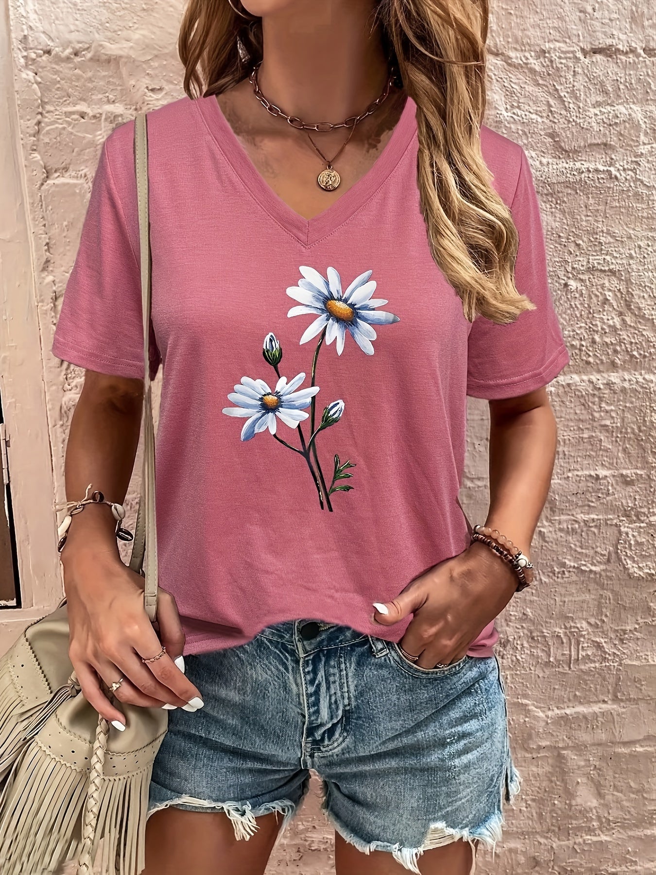 Floral Print V Neck T-shirt, Casual Short Sleeve T-shirt For Summer, Women's Clothing