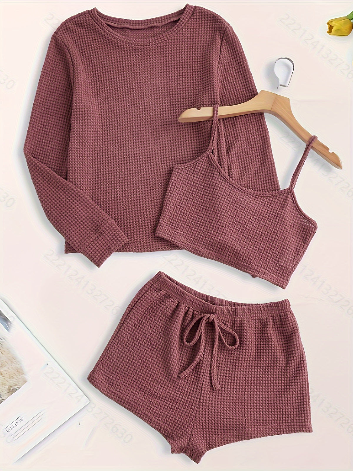 Solid Waffle Lounge Set, Casual Long Sleeve Crew Neck Top &amp; Cami Top &amp; Elastic Waistband Shorts, Women&#39;s Loungewear &amp; Sleepwear for fall &amp; winter