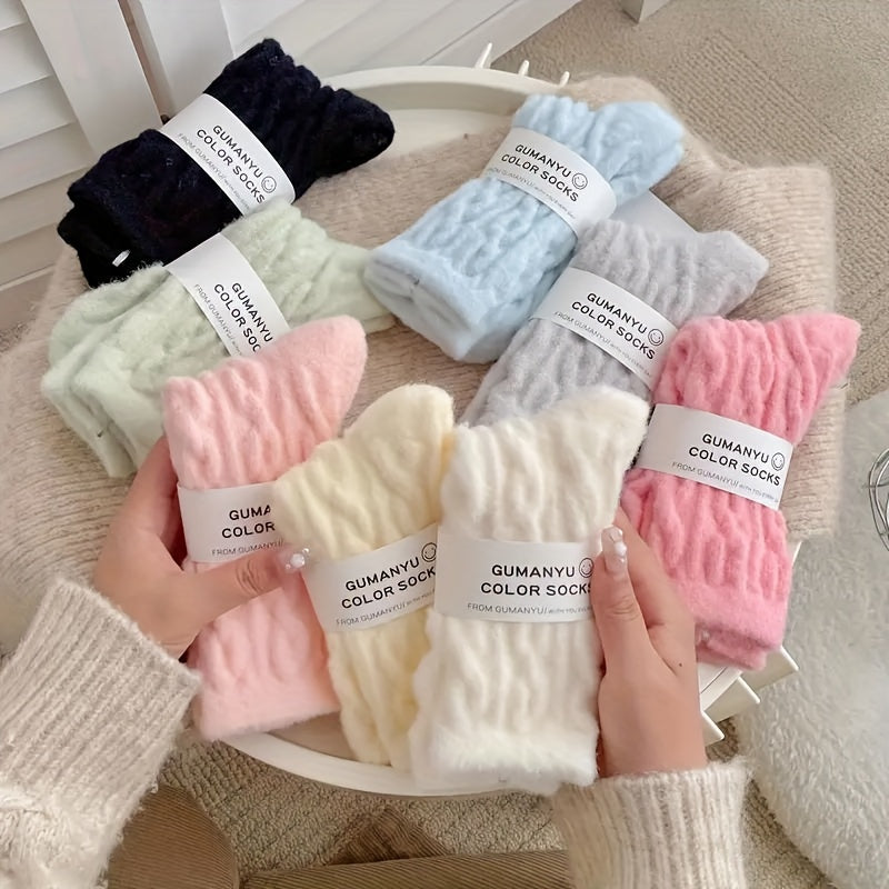 Women's Cozy Fuzzy Socks (5 Pairs) - Winter Warm Plush Mid-Calf Knit Socks, Soft Polyester Blend, Perfect for Lounge & Sleepwear