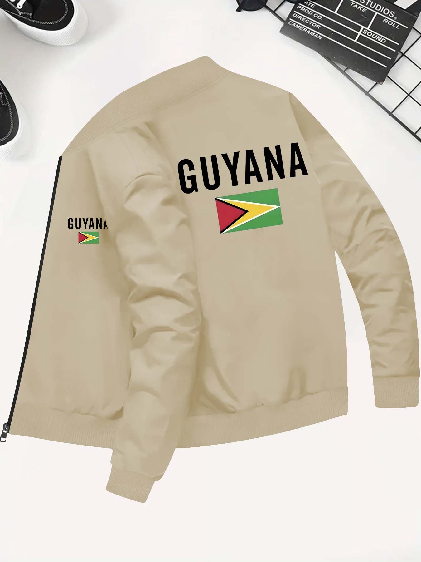 Guyana-Inspired Men's Casual Jacket - Slim Fit, Zip-Up Stand Collar with Pockets, Perfect for Fall/Winter Outings