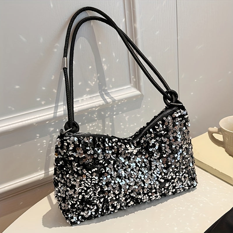 Sequined Shoulder Bag For Women, Trendy Casual Small Square Handbag, Versatile Evening Purse With Shoulder Strap