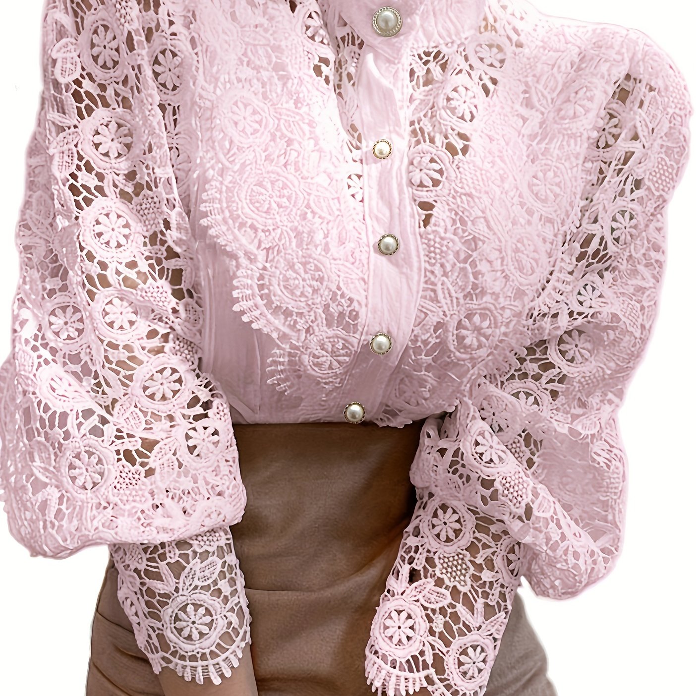 Women's Blouse Lace Puff Sleeve Lantern Sleeve Solid Pleated Women Blouse