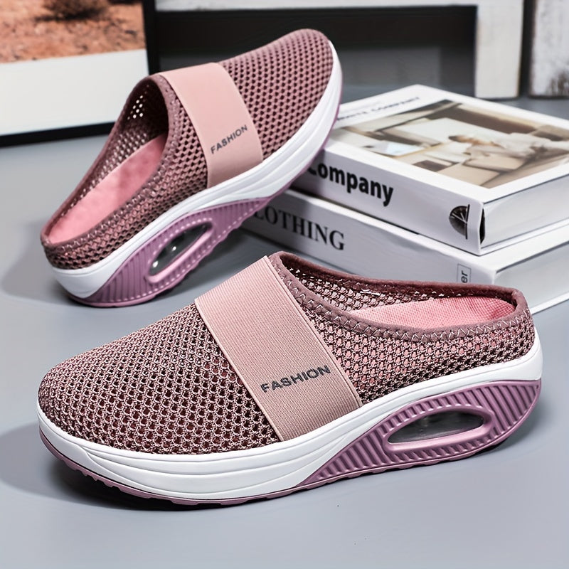 Women's Solid Color Mesh Sneakers, Slip On Soft Sole Platform Home Casual Shoes, Breathable Half Drag Slides Shoes plus size