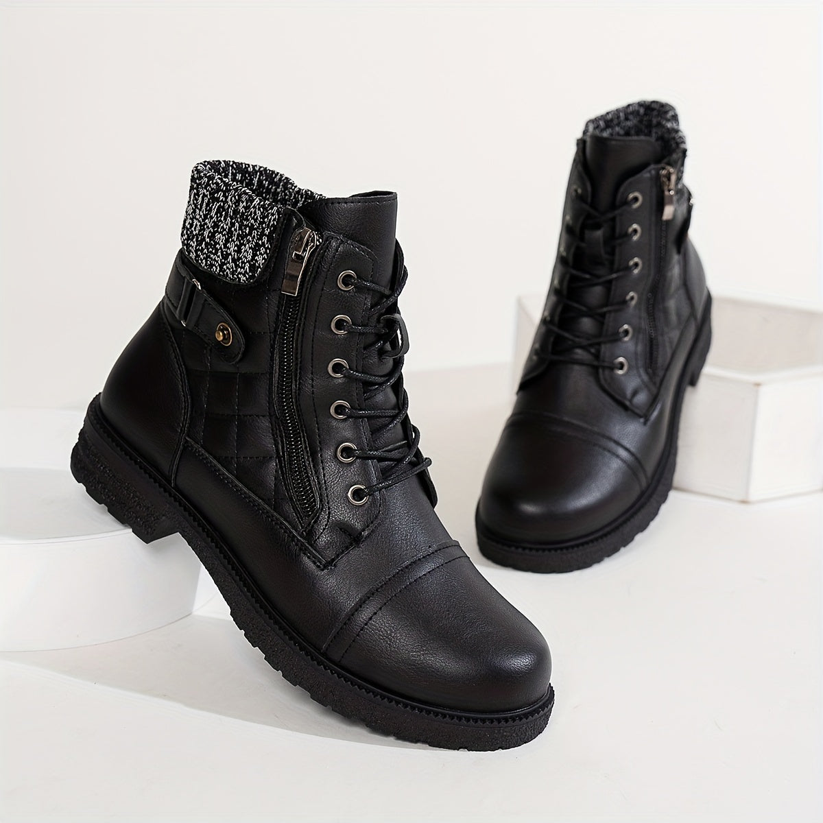 Women's Punk Style Ankle Boots - Mid-Heel, Almond Toe, Zip Closure, Solid Color, Durable, All-Season Wear.