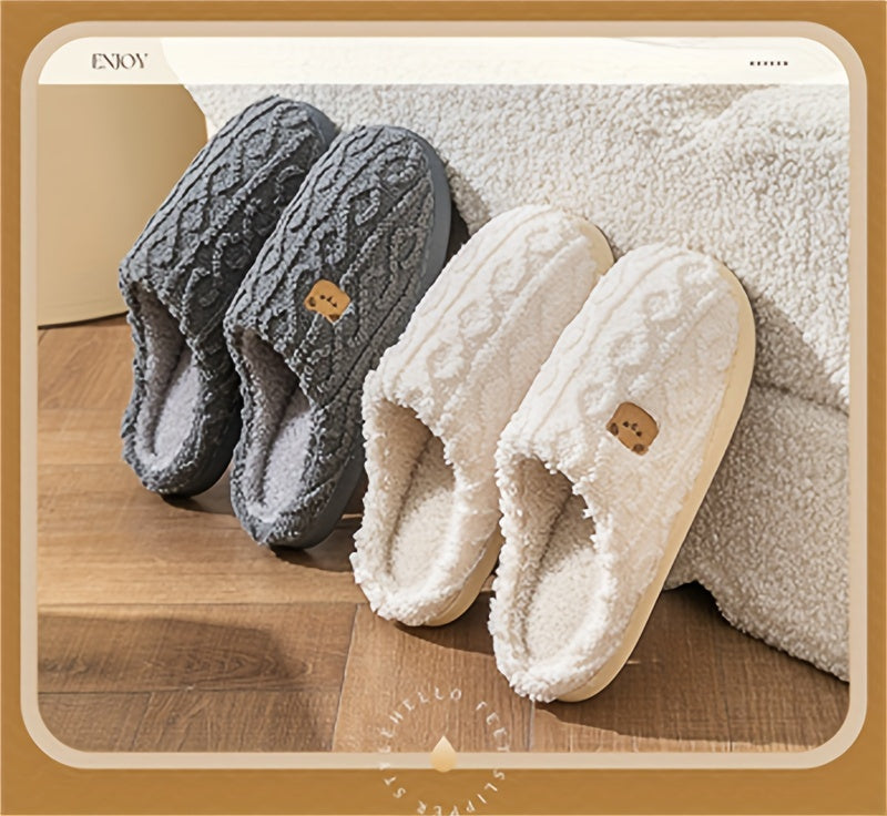 Solid Color Home Warm Slippers, Slip On Soft Sole Flat Non-slip Fuzzy Shoes, Winter Plush Cozy Slides Shoes