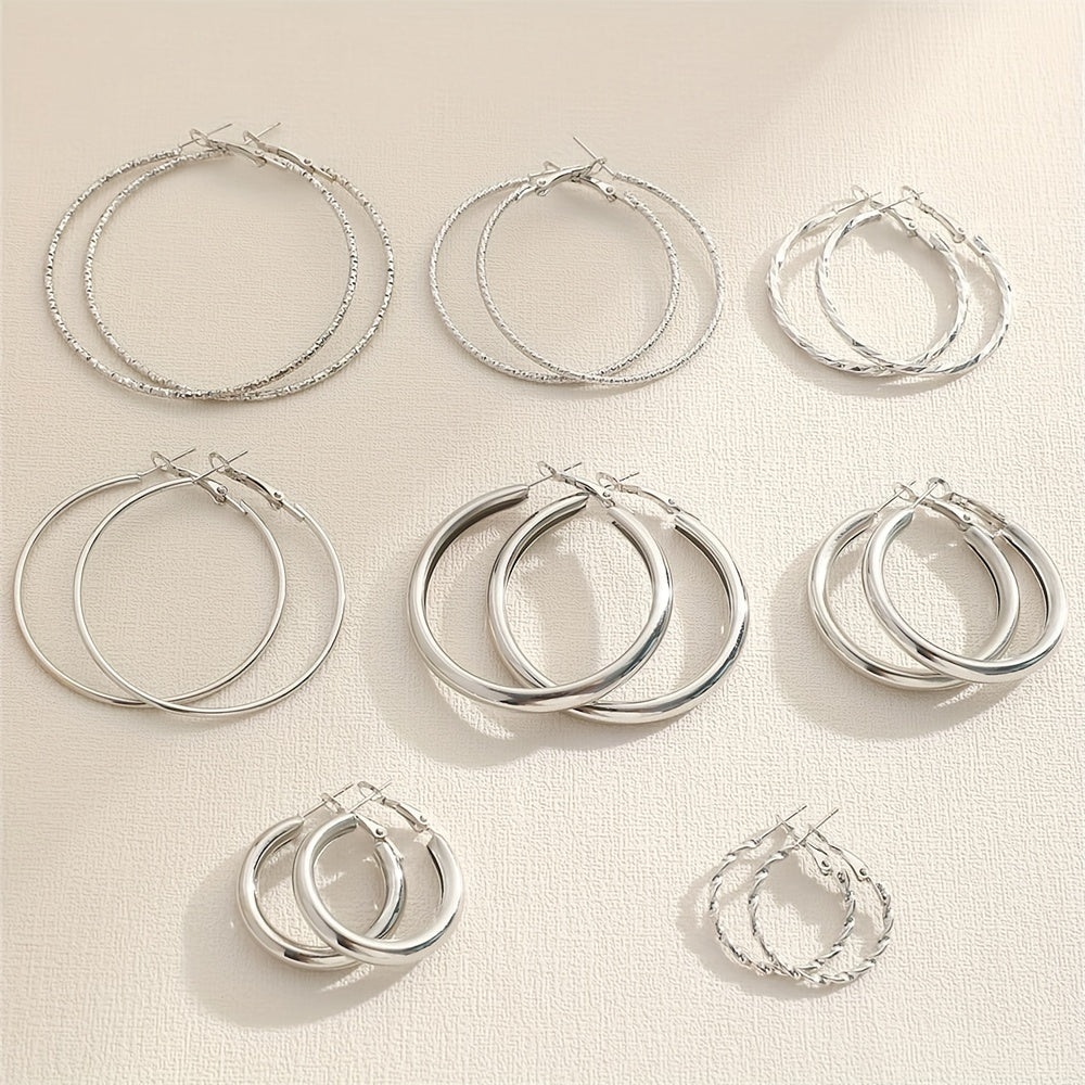 8 Pairs Set Of Hoop Earrings Alloy Jewelry Elegant Simple Style For Women Girls Daily Wear Delicate Set Gifts