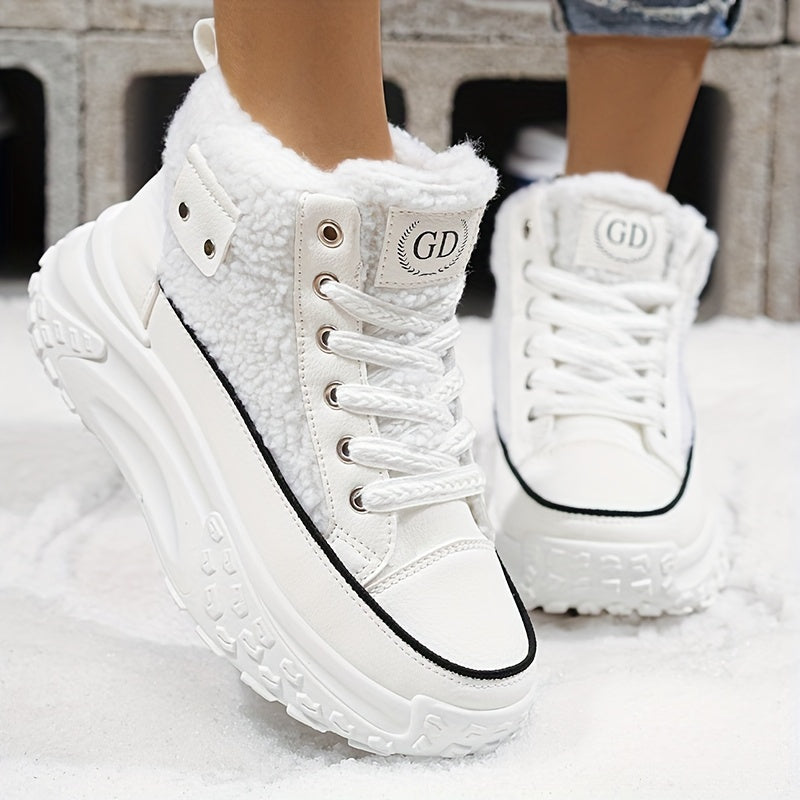 Winter Women's Ankle & Bootie Sneakers - Lace-Up Solid Color, Faux Fur High-Top Chunky Dad Shoes with Rubber Sole & PU Insole - Warm Athletic Footwear