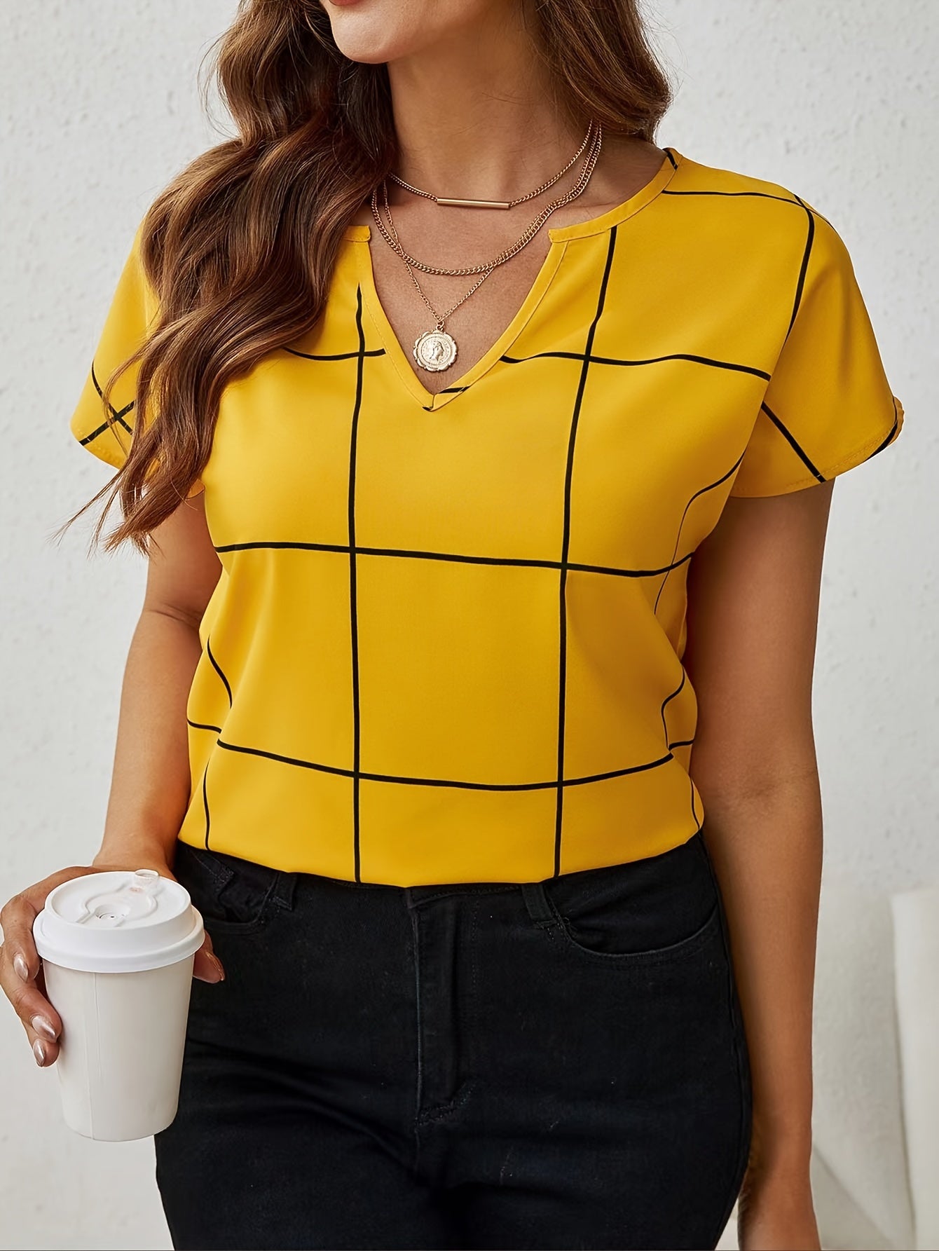 Plaid Print Notched Neck Blouse, Casual Short Sleeve Blouse For Spring & Summer, Women's Clothing