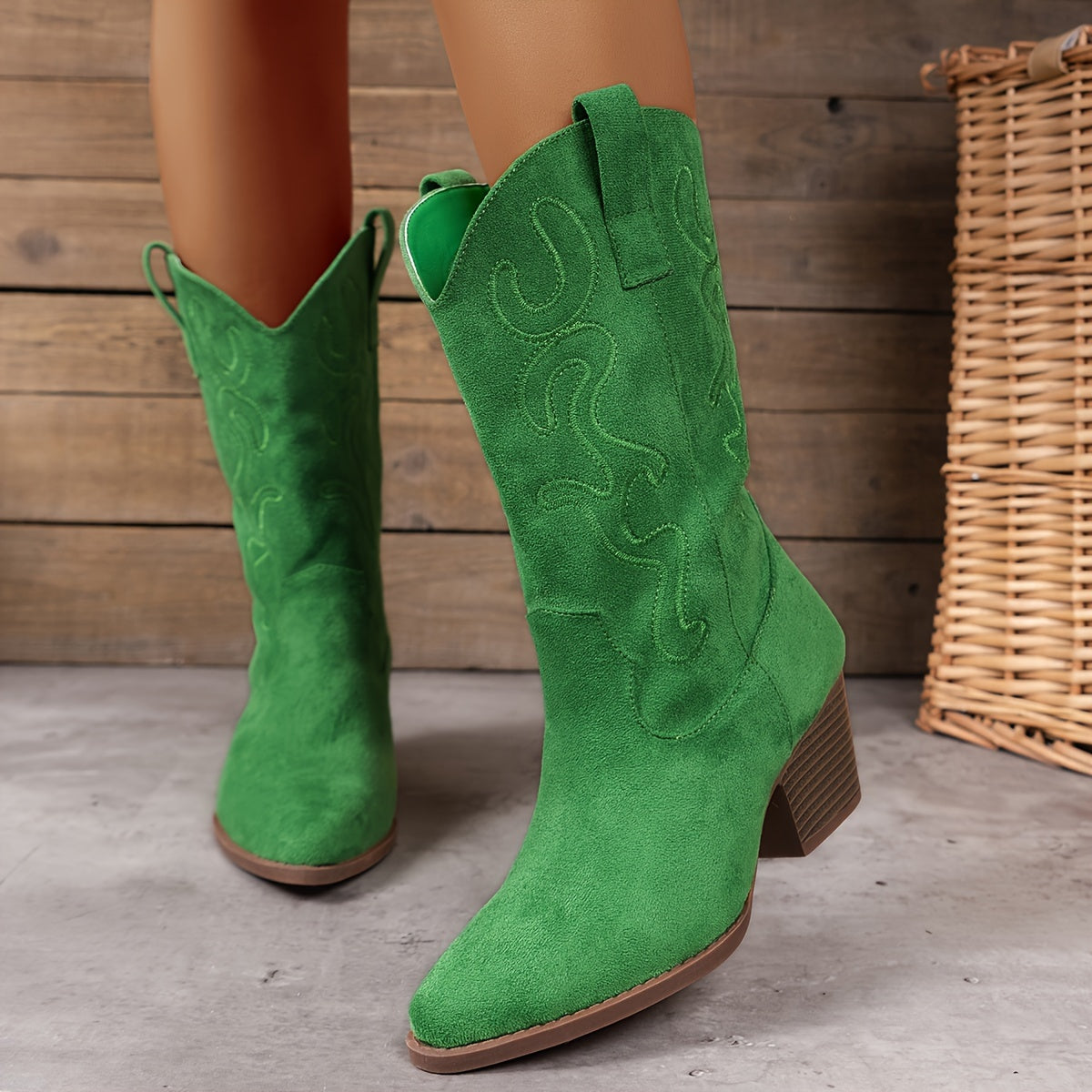 Womens Chic Embroidered Western Boots - Trendy Chunky Heel Mid-Calf Style, Pointed Toe Comfort for Vacation Wear