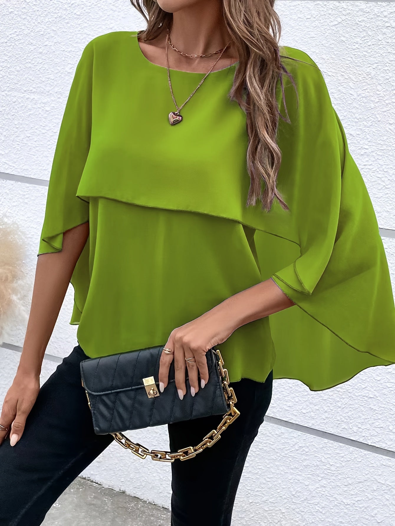 Solid Layered Cloak Sleeve Blouse, Versatile Crew Neck Blouse For Spring & Fall, Women's Clothing