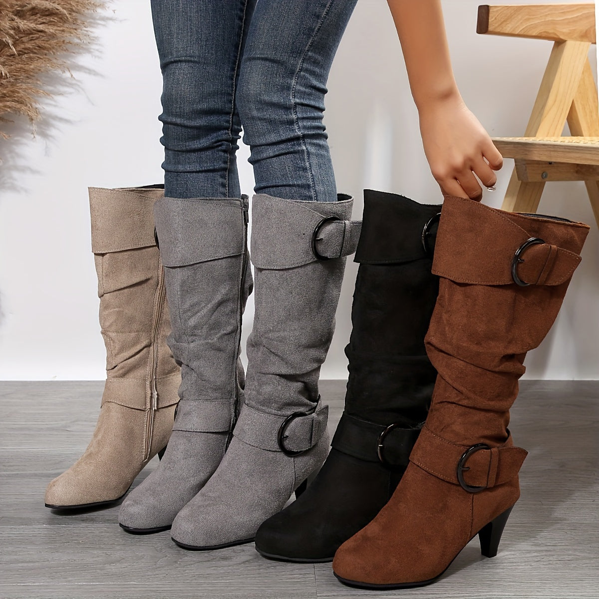 Women's Slouch Knee High Boots, Buckle Strap Side Zipper High Heeled Boots, Comfortable Suedette Long Boots