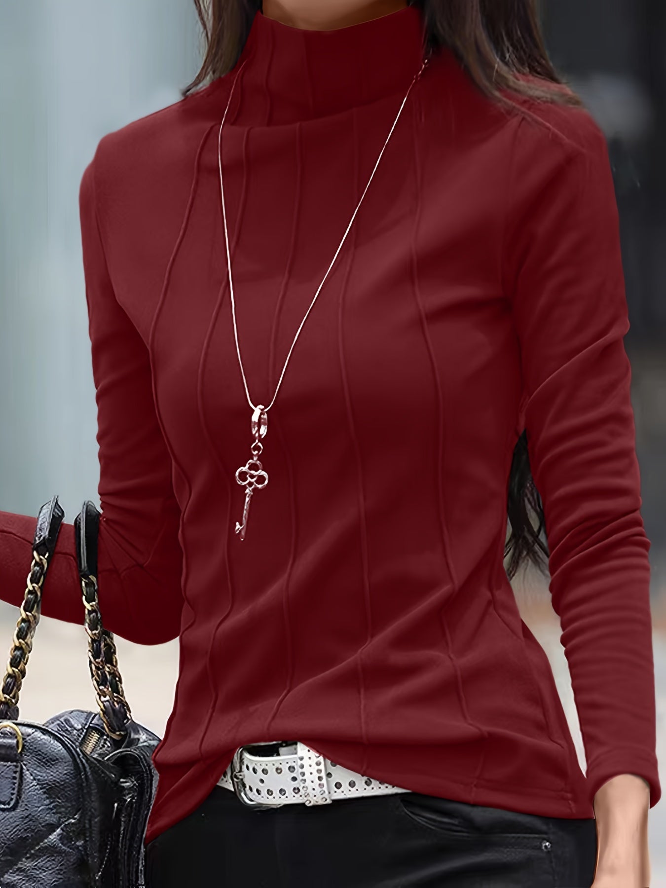 Solid Turtleneck Slim T-Shirt, Versatile Long Sleeve T-Shirt For Spring & Fall, Women's Clothing