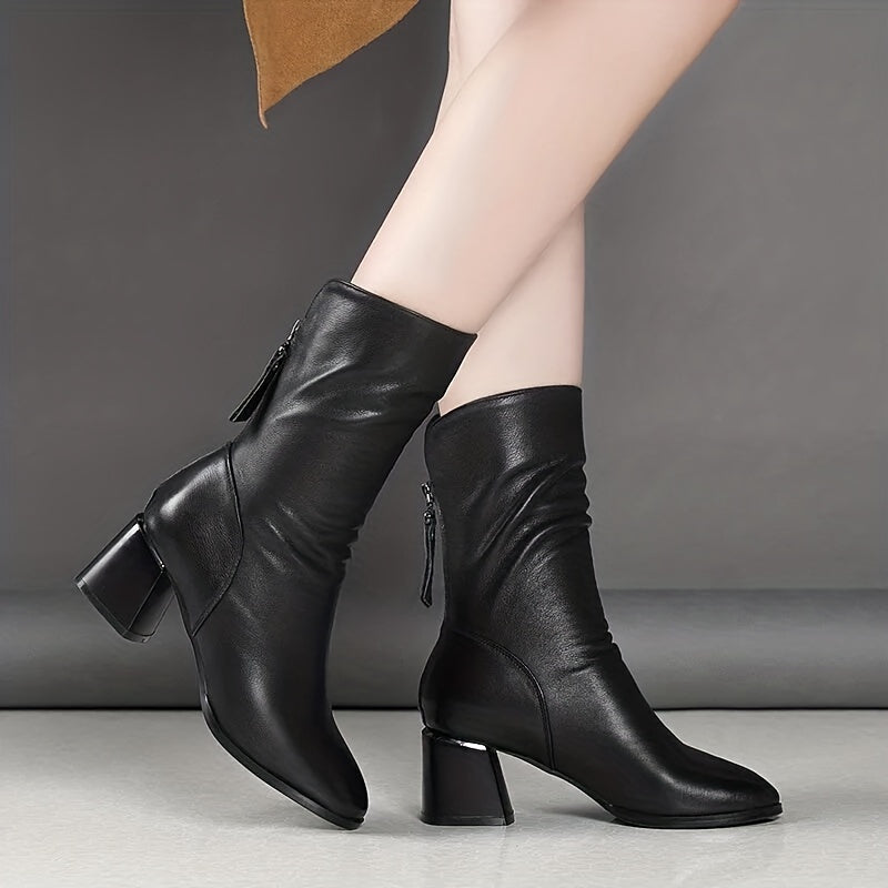 Chic Mid-Calf Women's Boots with Back Zipper - Comfortable Chunky Heel, Versatile Soft Sole for Casual Wear & Winter Fashion