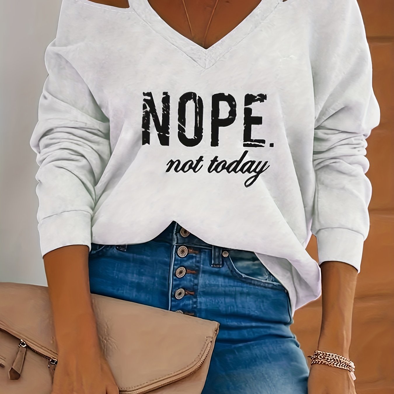 Letter Print Cold Shoulder Pullover Sweatshirt, Casual Long Sleeve V Neck Sweatshirt For Spring & Fall, Women's Clothing