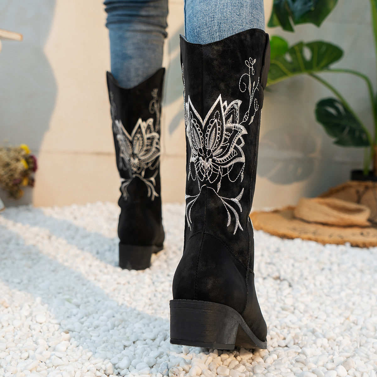 Women's Embroidered Western Mid-Calf Boots - Comfy Low Block Heel, Square Toe, Easy Slip-On Casual Cowboy Boots