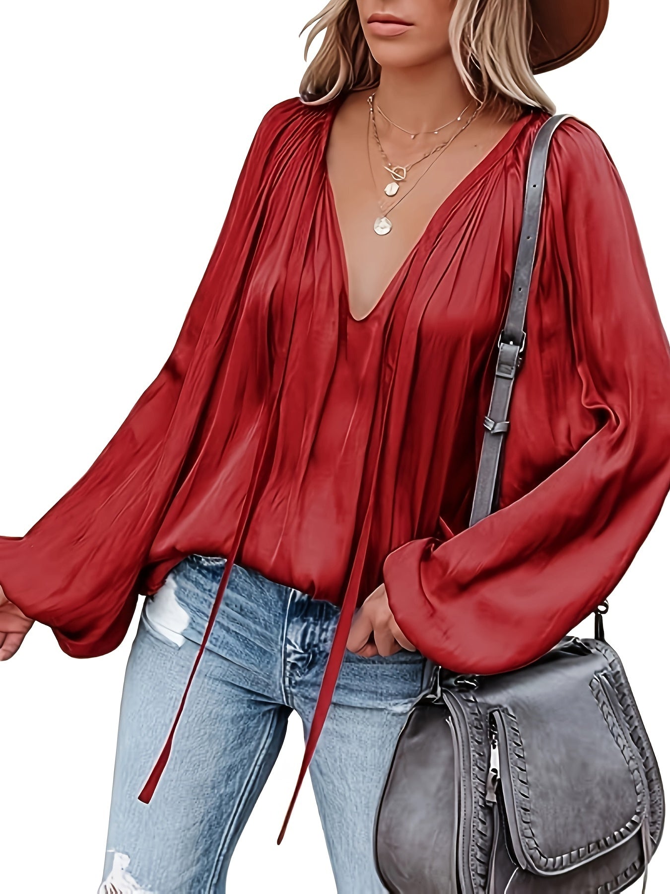 Lantern Long Sleeve Satin Blouse, Elegant V Neck Tops For Spring & Summer, Women's Clothing