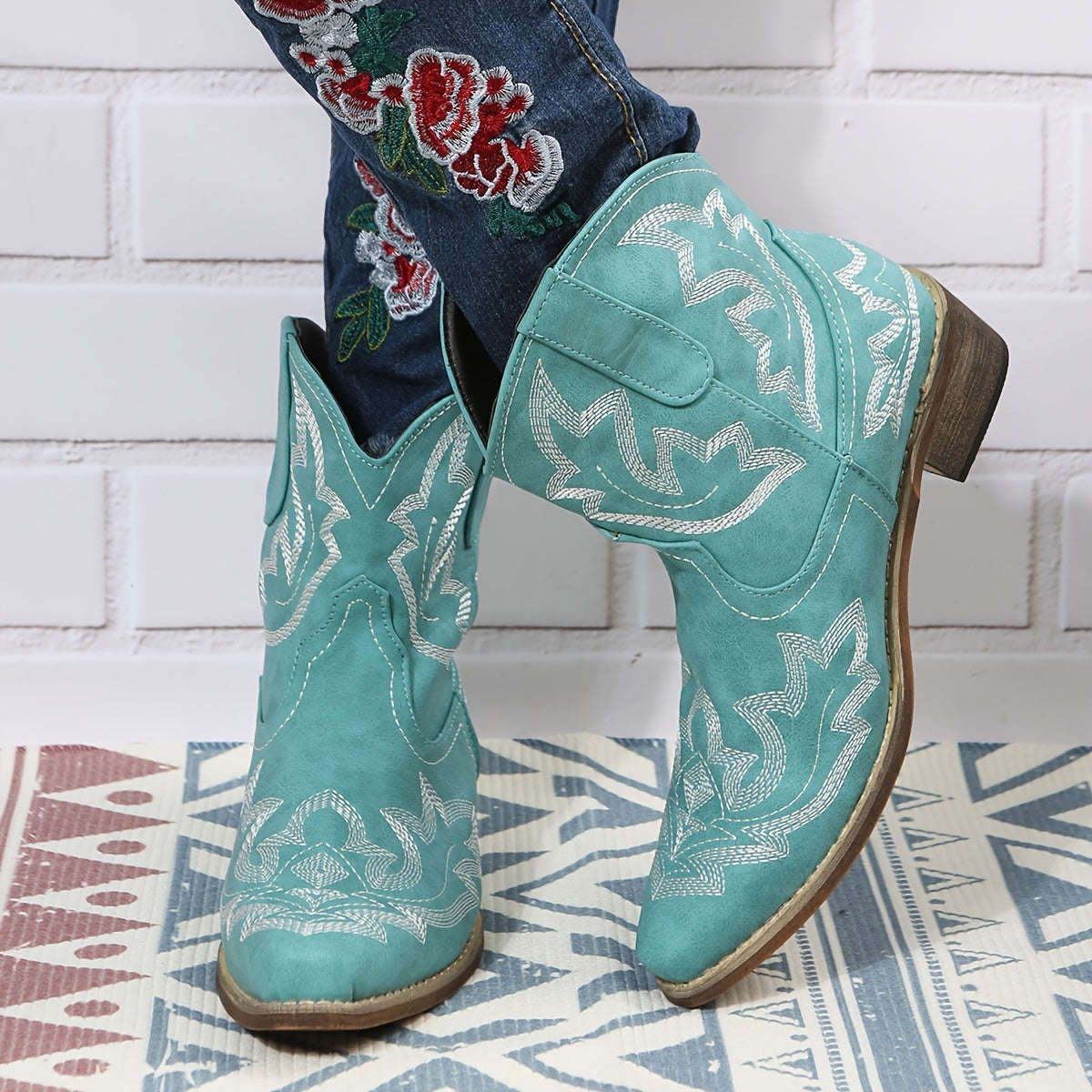 Chic Floral Pointed-Toe Chelsea Booties - Women&#39;s V-Cut, Mid Heel, Comfortable Slip-On Western Ankle Boots