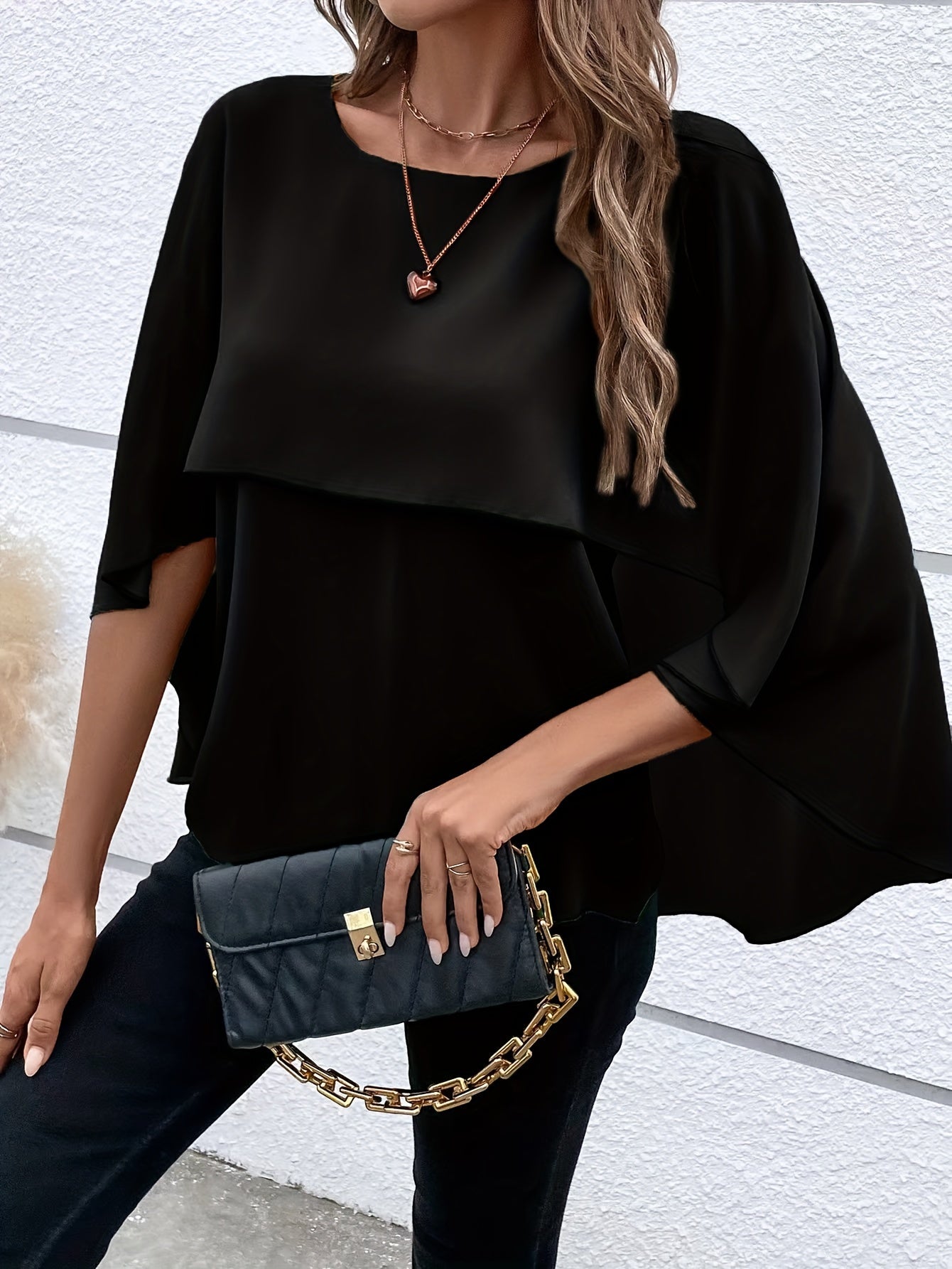 Solid Layered Cloak Sleeve Blouse, Versatile Crew Neck Blouse For Spring & Fall, Women's Clothing