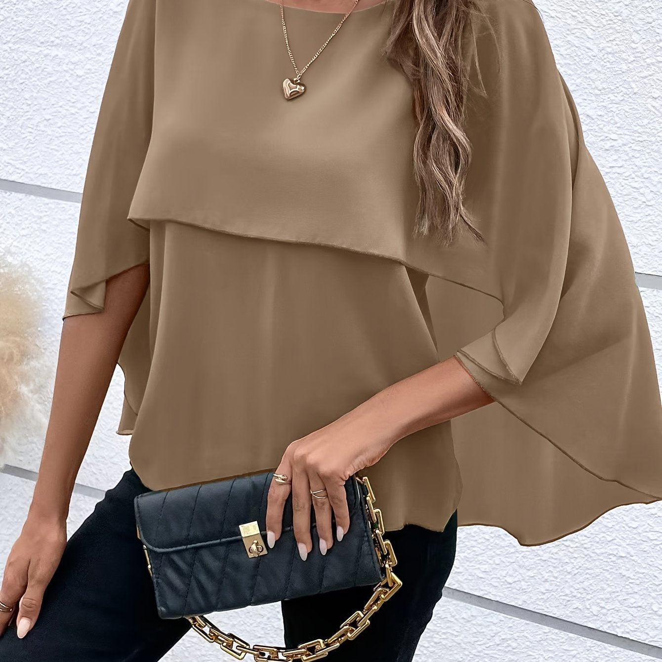 Solid Layered Cloak Sleeve Blouse, Versatile Crew Neck Blouse For Spring & Fall, Women's Clothing