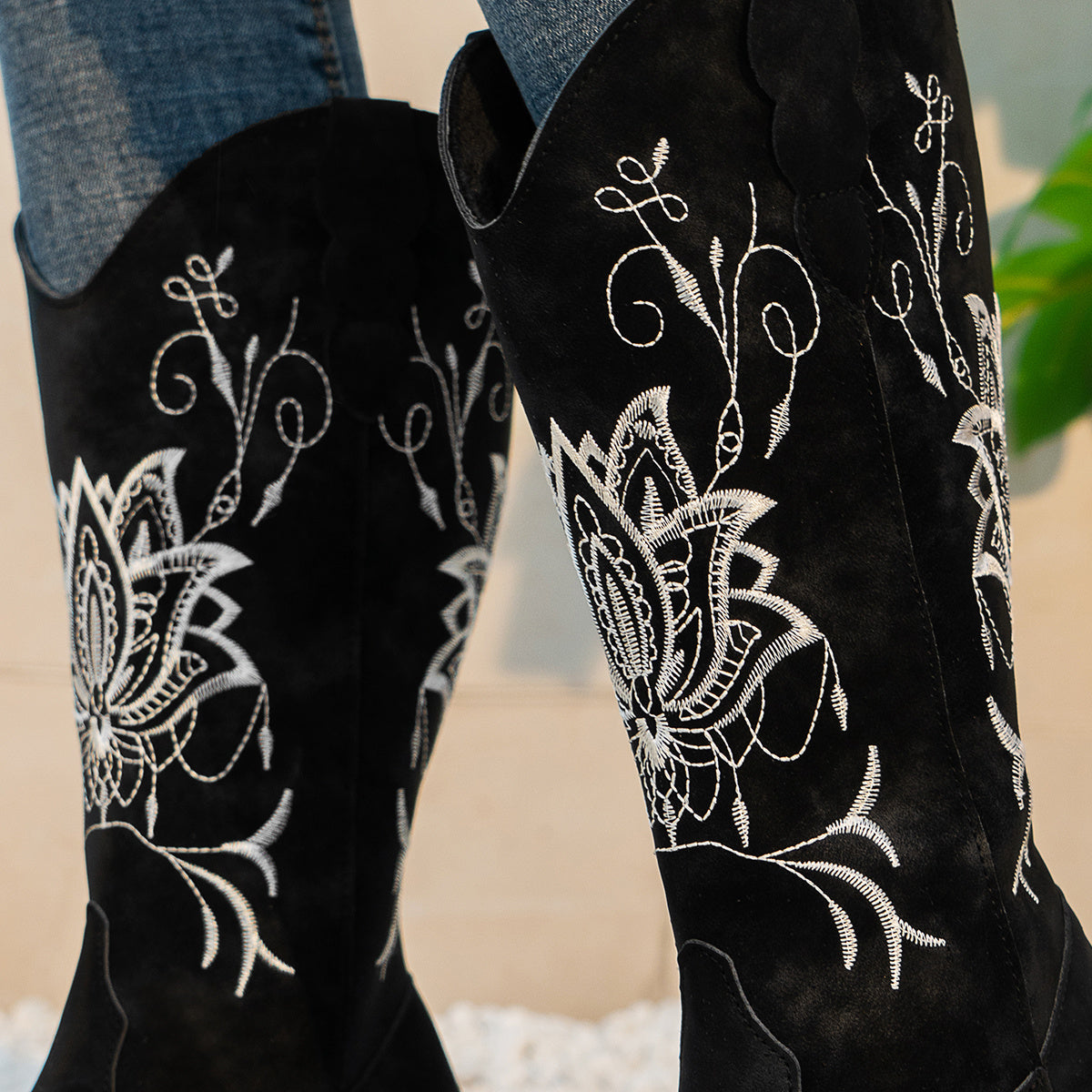 Women's Embroidered Western Mid-Calf Boots - Comfy Low Block Heel, Square Toe, Easy Slip-On Casual Cowboy Boots