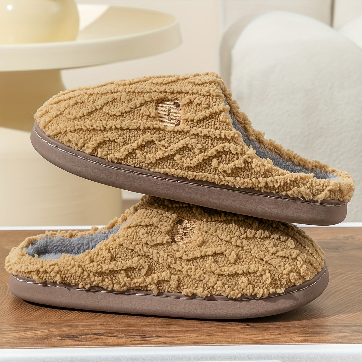 Solid Color Home Warm Slippers, Slip On Soft Sole Flat Non-slip Fuzzy Shoes, Winter Plush Cozy Slides Shoes